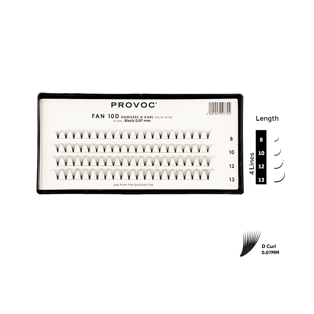 PROVOC Artificial Lashes Extensions FAN 10D Knotless D Curl Black 0.07mm (4 Lines)